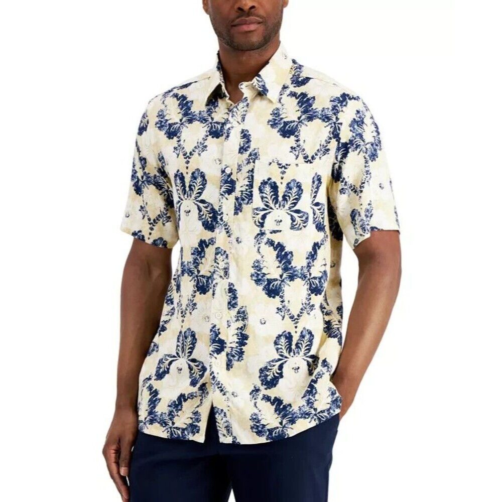 Club Room Mens Milton Block Stamp Shirt Silk Blend Pale Khaki Size X Large